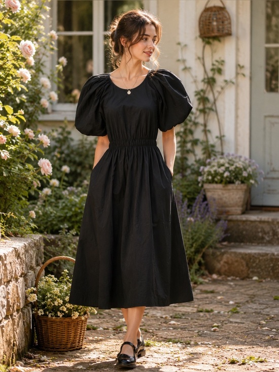 G. Dresses & Skirts - Black Puff-Sleeve Midi Dress with Elastic Waist